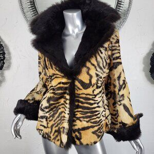 CHAARM~L~REVERSIBLE TIGER ANIMAL PRINT GENUINE REAL RABBIT FUR COAT JACKET